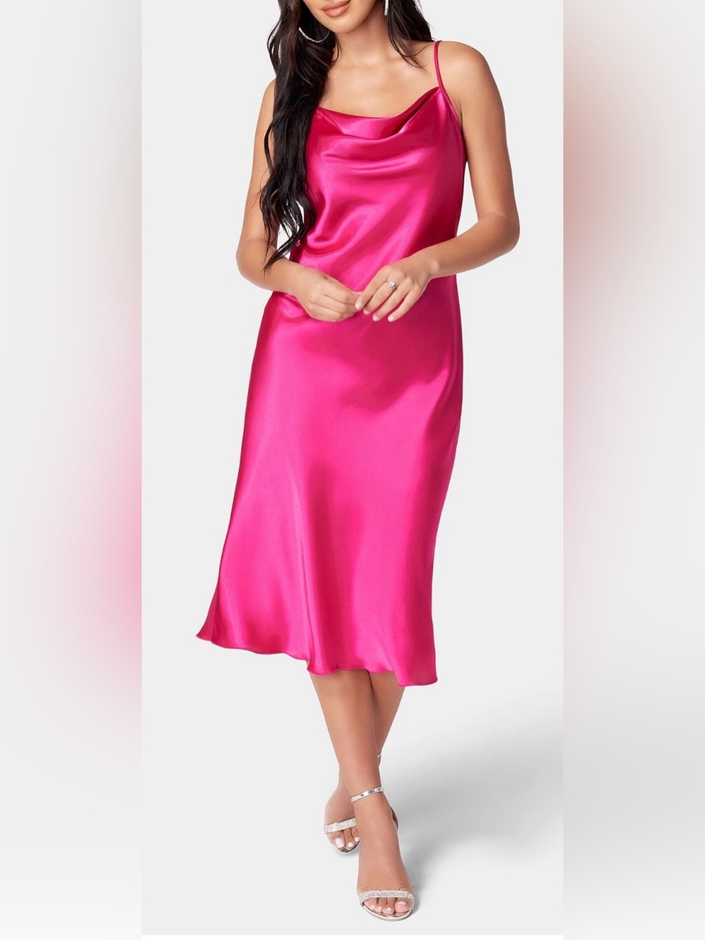 Bebe Satin Cowl Neck Midi Slip
Dress Fuchsia